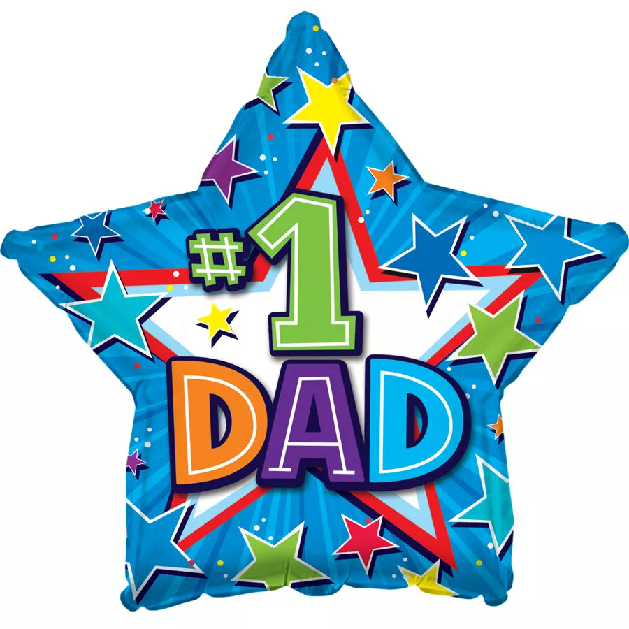 TRI foil balloon shaped as a star with "#1 Dad" text, 9 inches, designed for air filling, celebrating dad on special occasions.