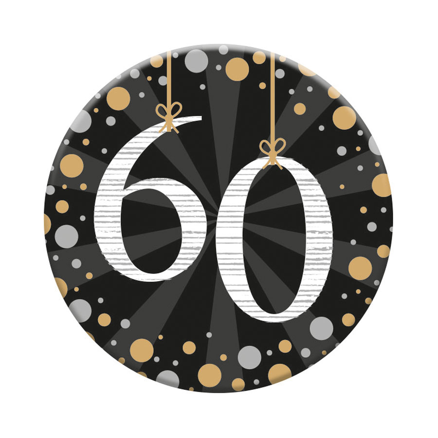 Six small Tiger Feet birthday badges with the number 60, featuring colorful designs and age-specific celebration icons.