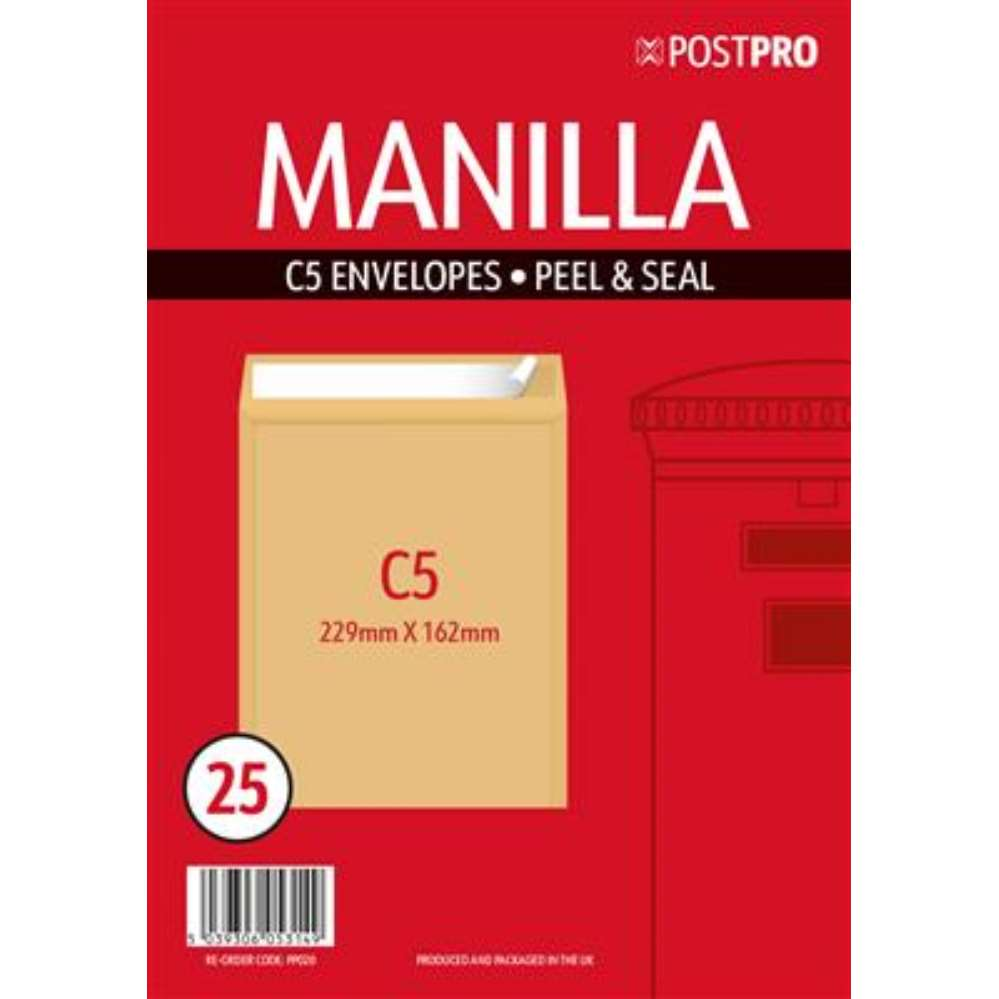 25pk Envelopes C5 162x229mm Peal&Seal Manilla