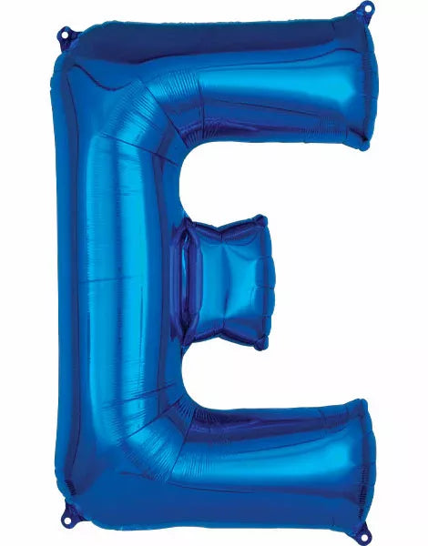 Blue 34-inch Anagram foil balloon in the shape of the letter E, ideal for celebrations and decorative events.