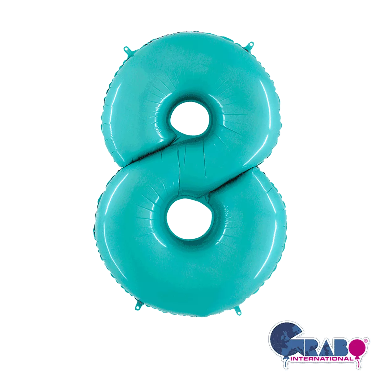 Pastel blue Grabo foil balloon shaped as the number 8, 26 inches tall, with shiny metallic surface and printed patterns.