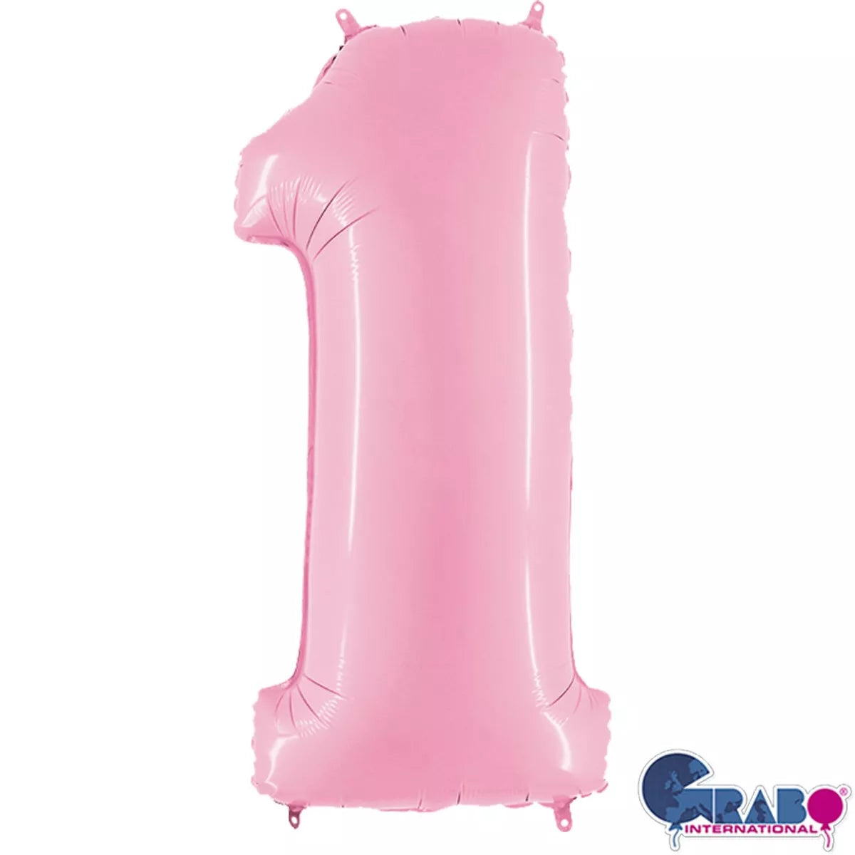 Pink foil balloon shaped as the number 1, 40 inches tall, by Grabo, with a shiny pastel pink finish.