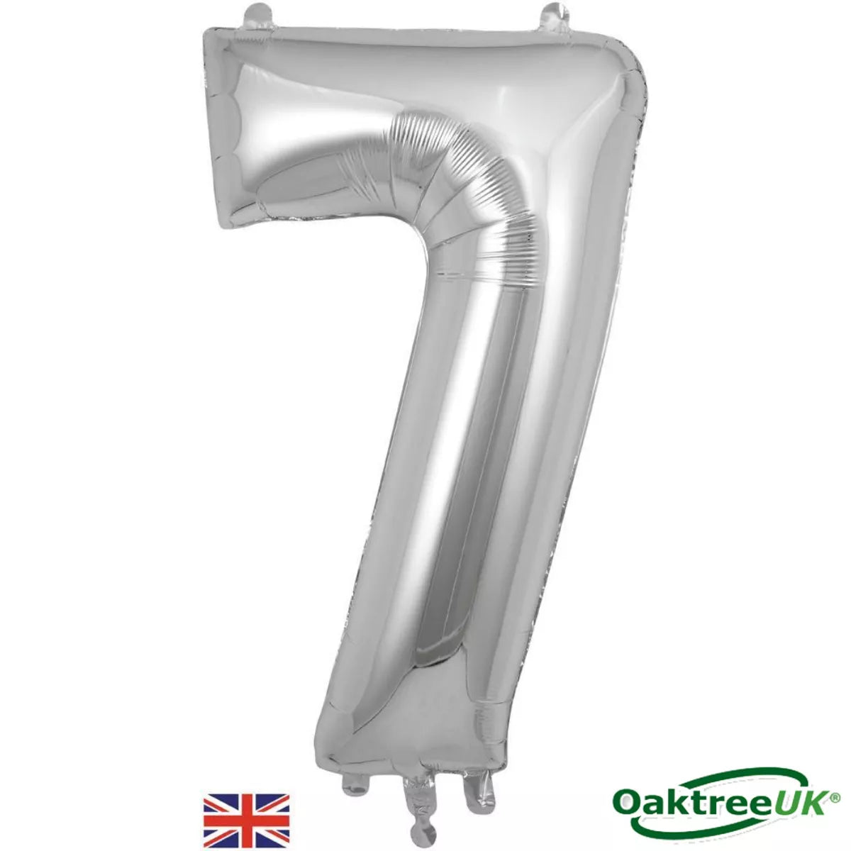Silver Oaktree foil balloon shaped as the number 7, 34 inches tall, featuring shiny metallic surface for celebration decorations.