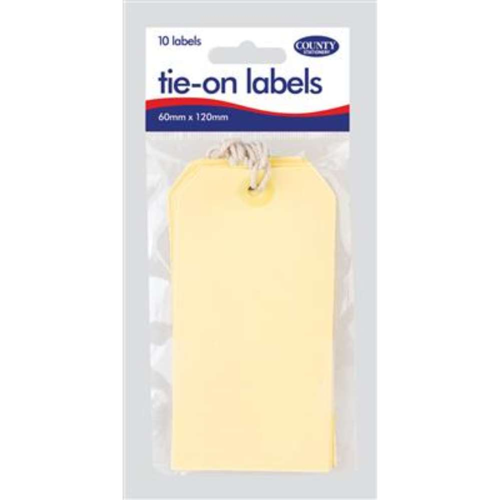 Manilla tie-on labels from County Stationery, 6 x 11cm, showing adhesive backing and writable surface for organizing.