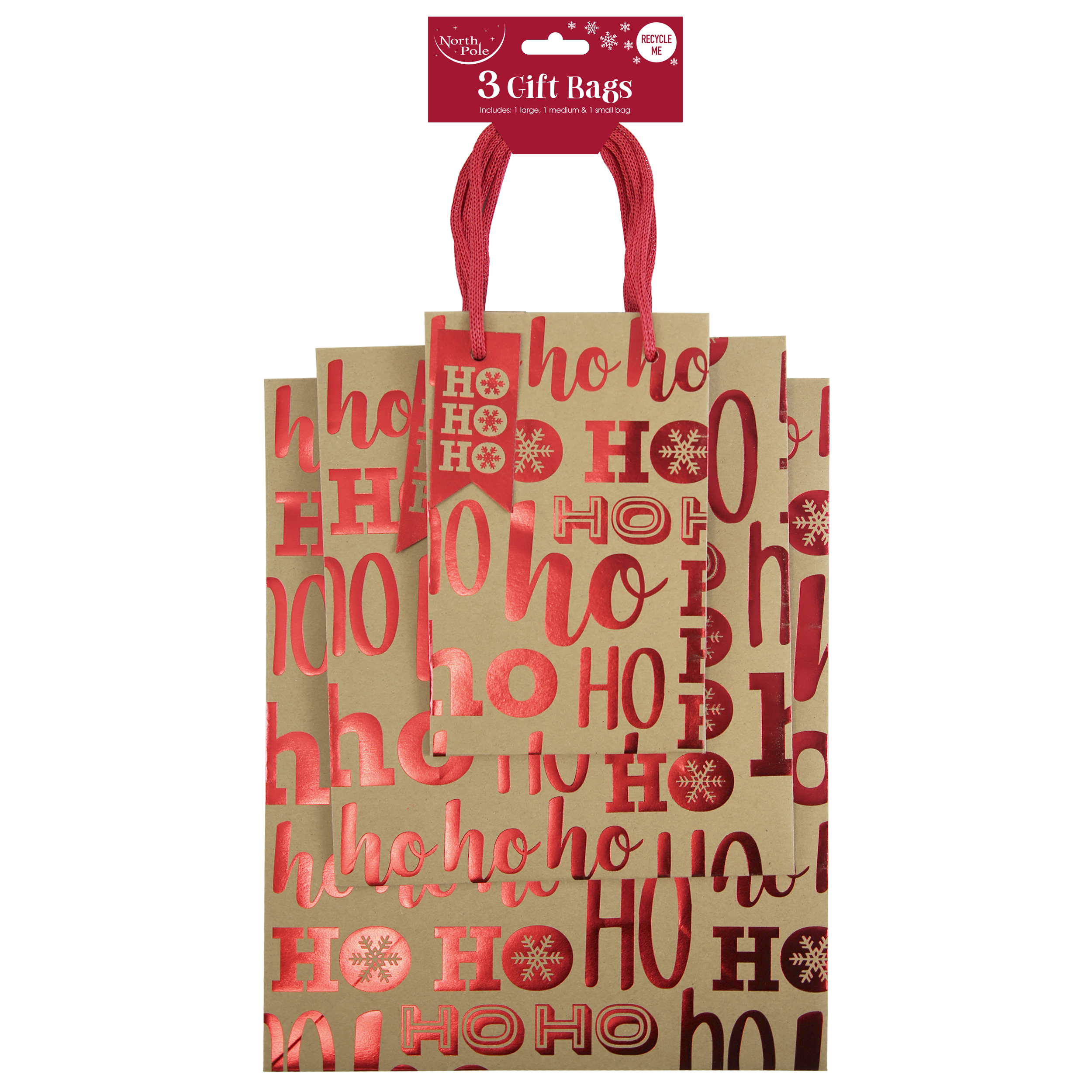 Ho Ho Ho Kraft Gift Bag 3pk