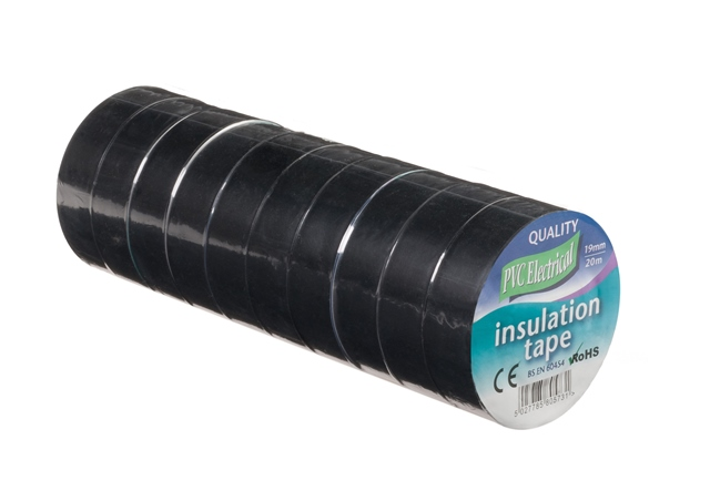 Black PVC tape by Ultratape, 19mm x 20m, shown in a 10-pack, suitable for sealing and electrical insulation.