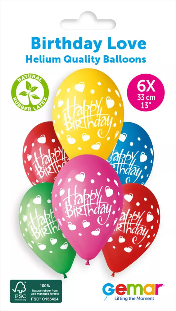Six Gemar birthday love printed 13-inch latex balloons, colorful and festive for celebration decorations.