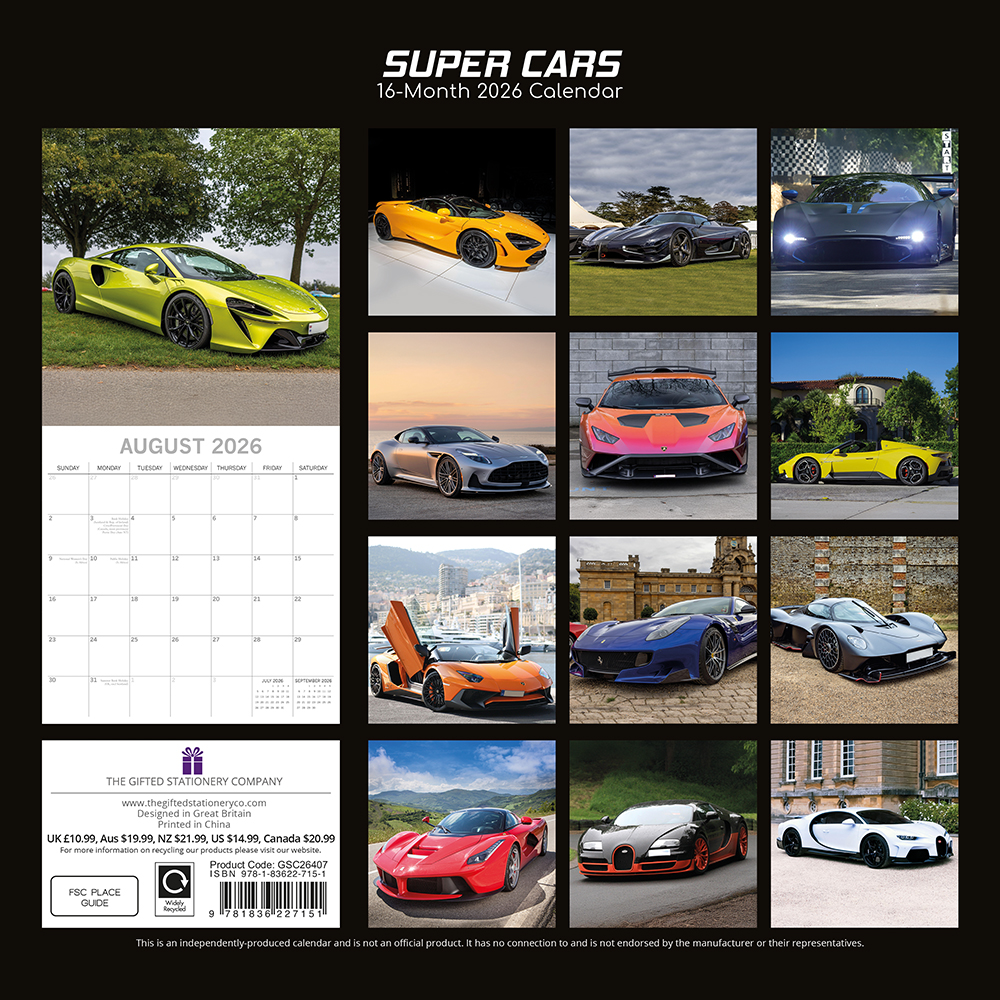 Gifted Stationery Calendar Super Cars 2027