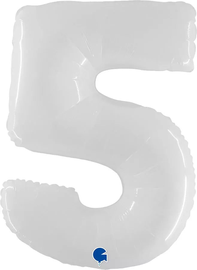 Shiny white 40-inch Grabo foil number 5 balloon with reflective surface and bold number design for celebration events.
