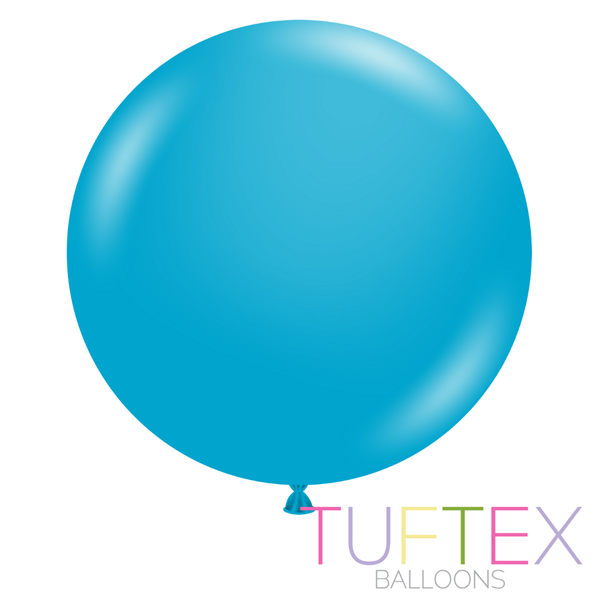 Tuftex Standard Turquoise 36-inch latex balloons, decorated with shiny surface, arranged in a 10-pack for celebration decor.