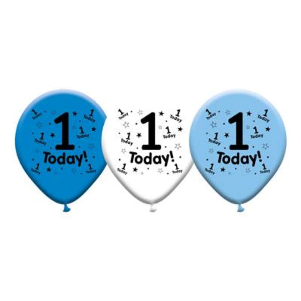 Eight latex birthday balloons with printed age 1 design, colorful and festive for celebrating a first birthday.