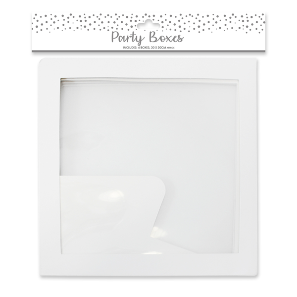 Set of four clear Eurowrap Limited gift boxes for parties, shown stacked with lids open, ready for packaging presents or party favors.