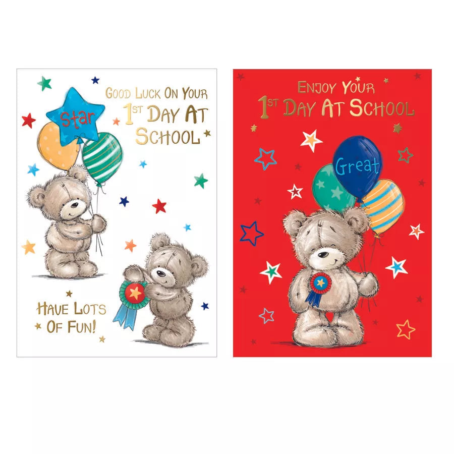 Poppyhill 12-pack of first day at school cards, featuring colorful designs and space for personalized messages.