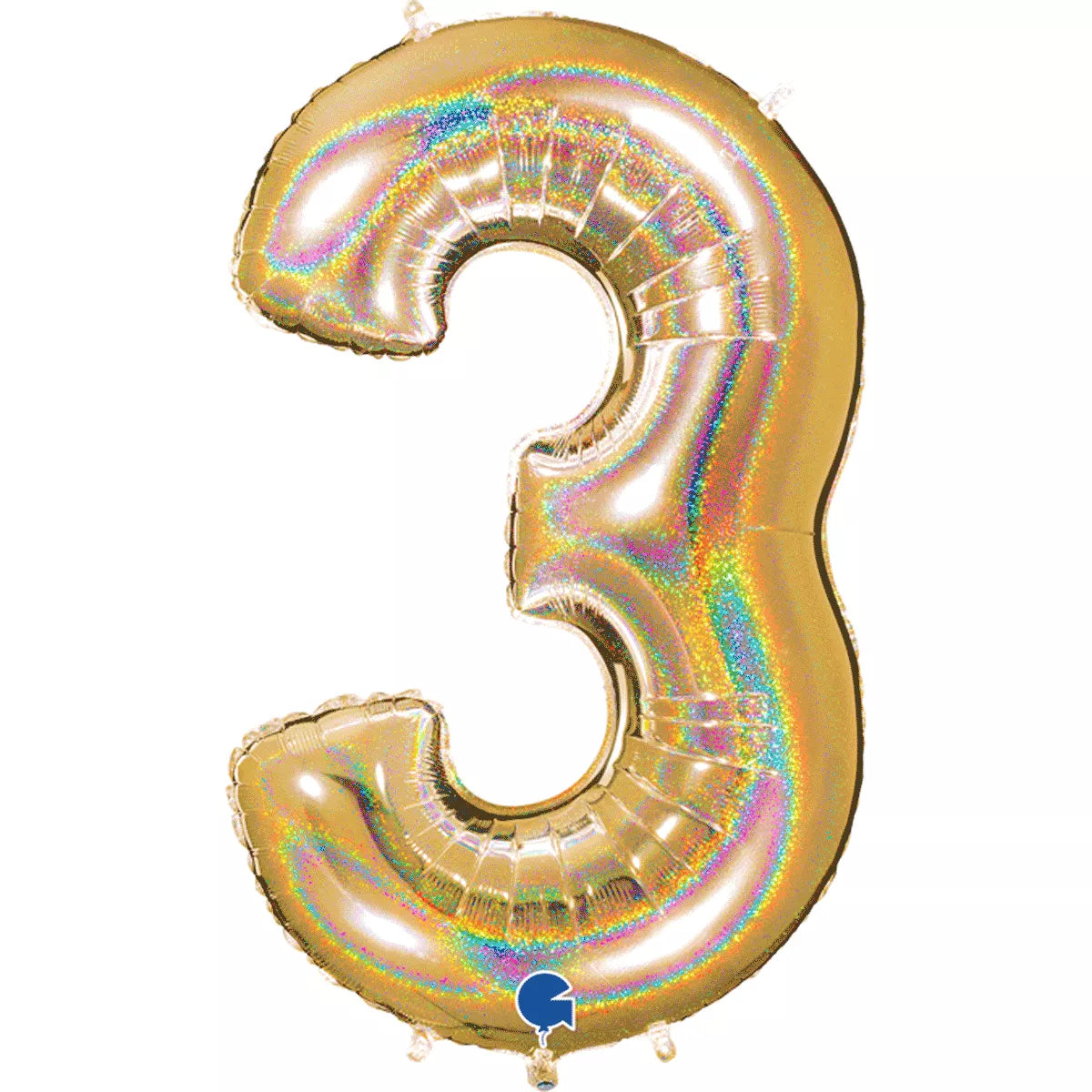 Gold foil balloon in the shape of the number 3 with holo glitter finish, 40 inches tall, by Grabo.