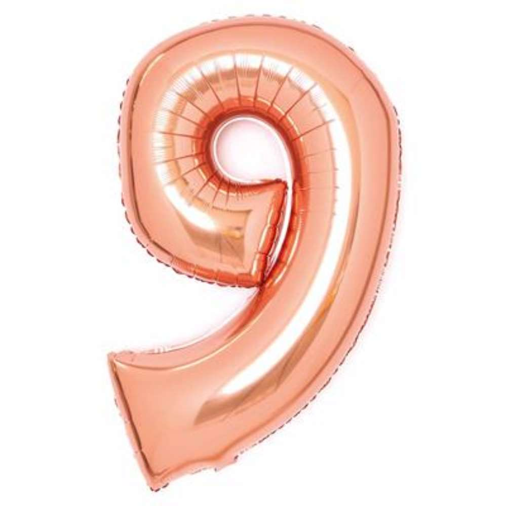Rose gold Anagram foil balloon shaped as the number 9, 34 inches tall, with a shiny metallic finish for celebration decorations.
