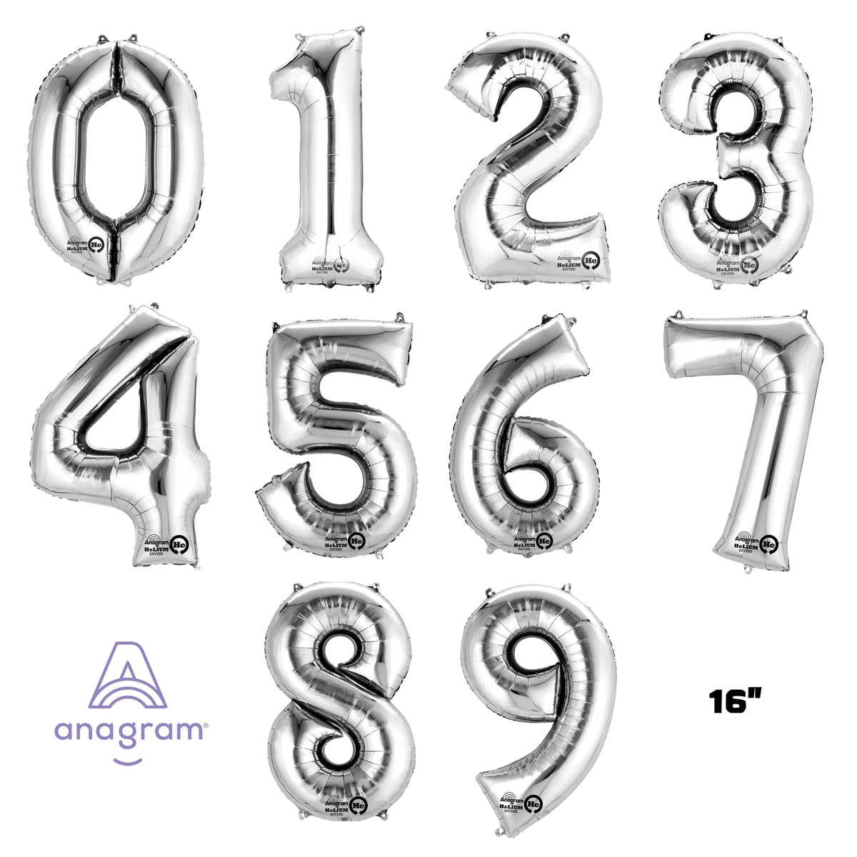 Anagram Foil Balloon Silver 16" Numbers 0-9