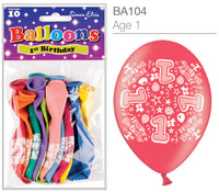 Age 1 Latex Balloons 9" 10pk