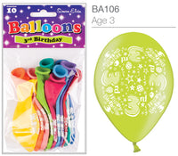 Age 3 Latex Balloons 9" 10pk