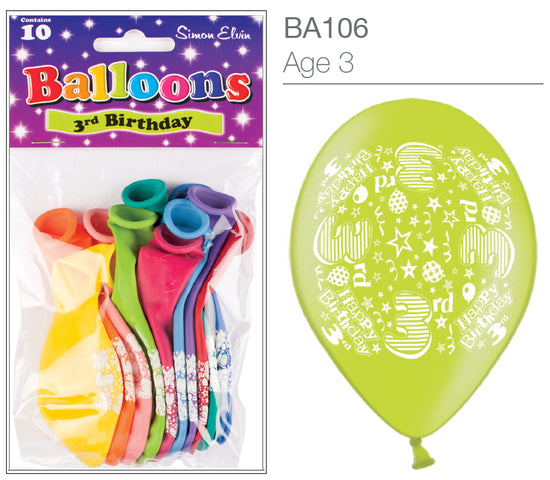 Age 3 Latex Balloons 9" 10pk