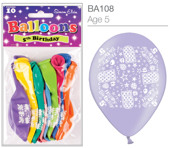 Age 5 Latex Balloons 9" 10pk