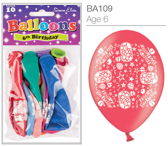 Age 6 Latex Balloons 9" 10pk