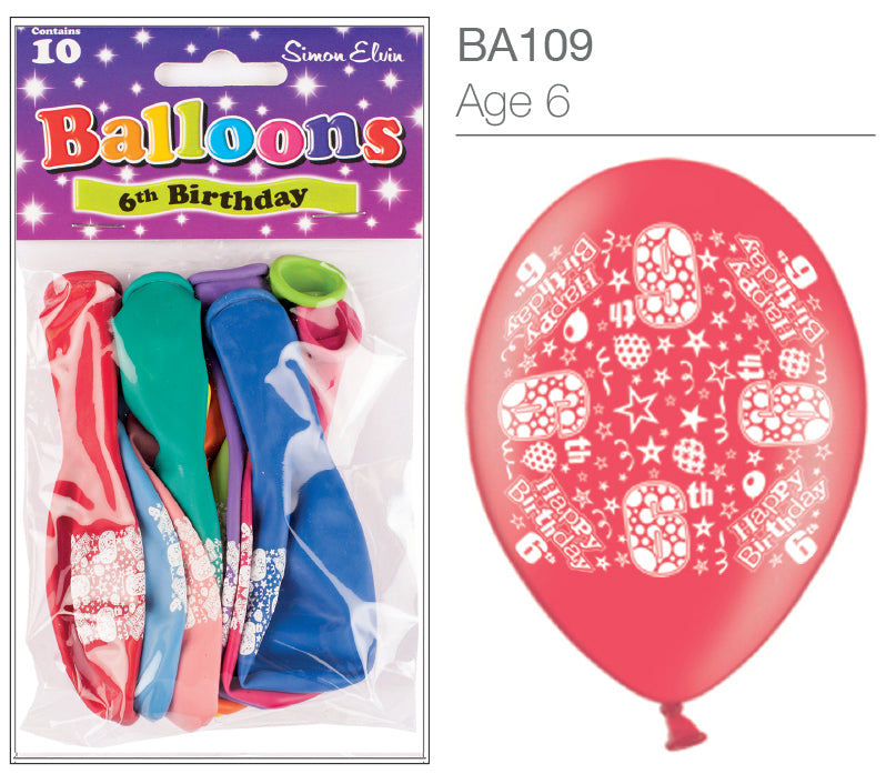 Age 6 Latex Balloons 9" 10pk