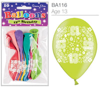 Age 13 Latex Balloons 9" 10pk