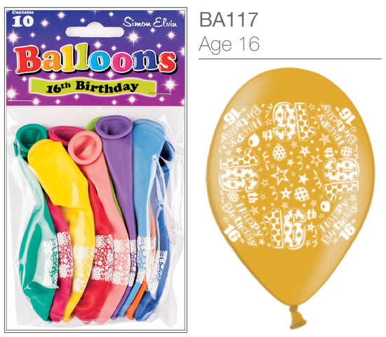 Age 16 Latex Balloons 9" 10pk