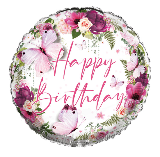 Happy Birthday Floral Butterflies 18" Foil Balloon