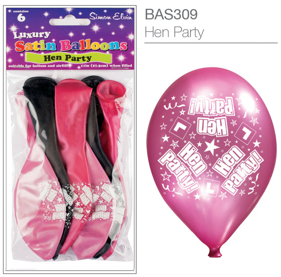 Hen Party Satin Printed 11" Latex Balloons 6pk