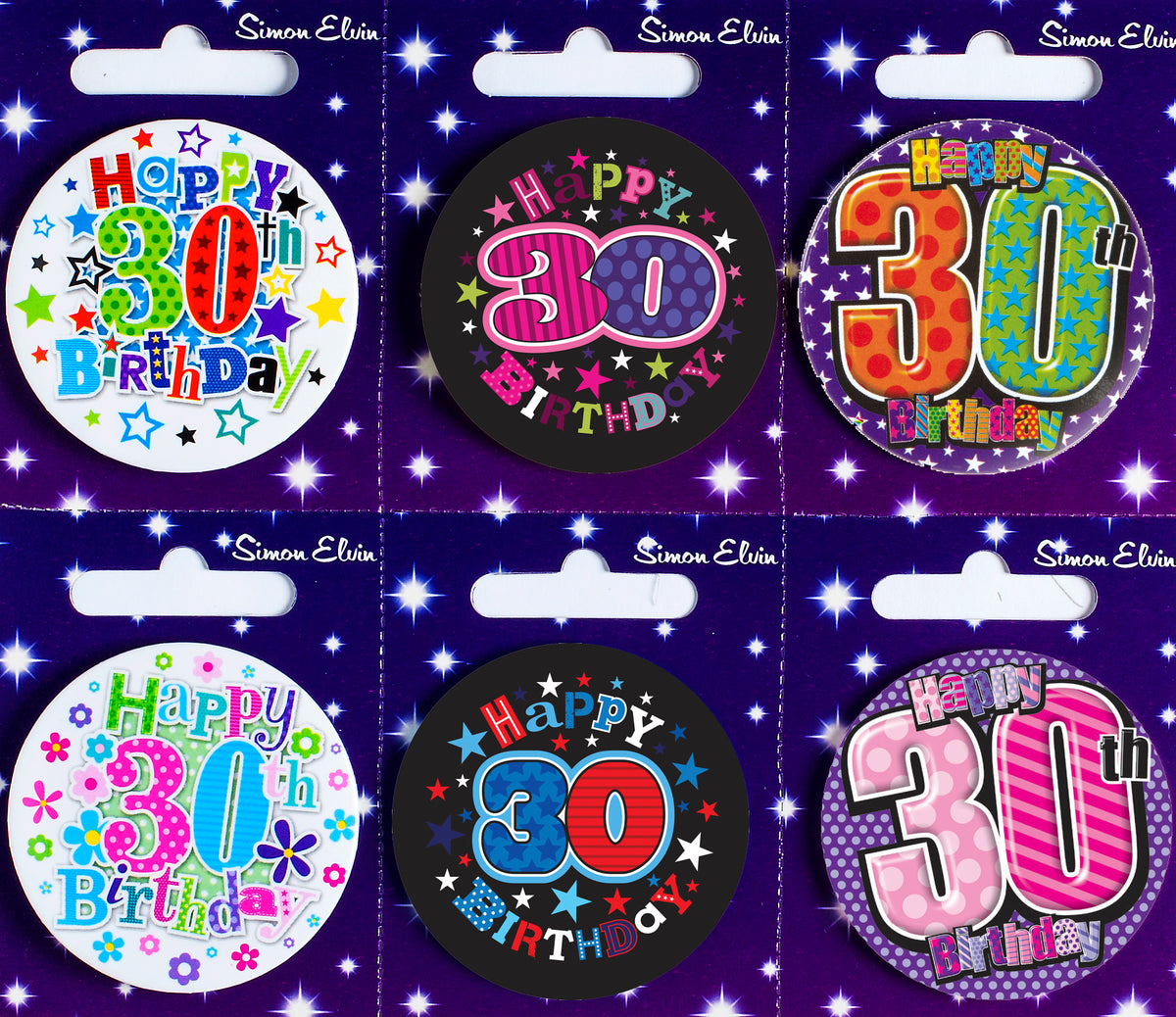 Age 30 Mix Small Badges 55mm 6pk