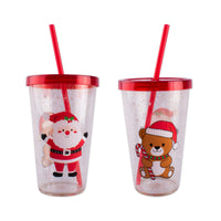 Christmas Glitter Cup W/Straw 550ml 24pk