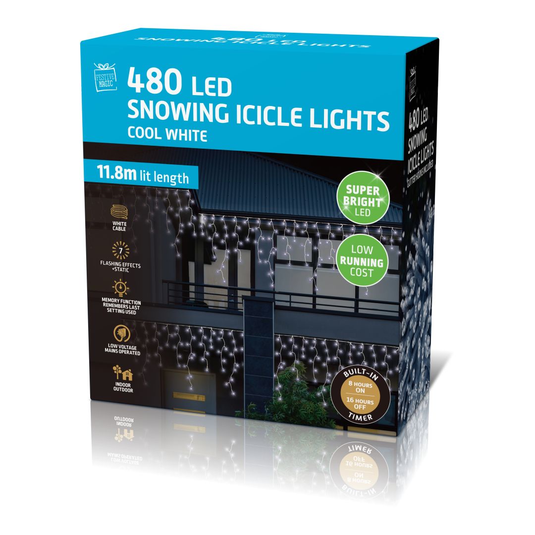 LED Snowing Icicle Lights White 480pk