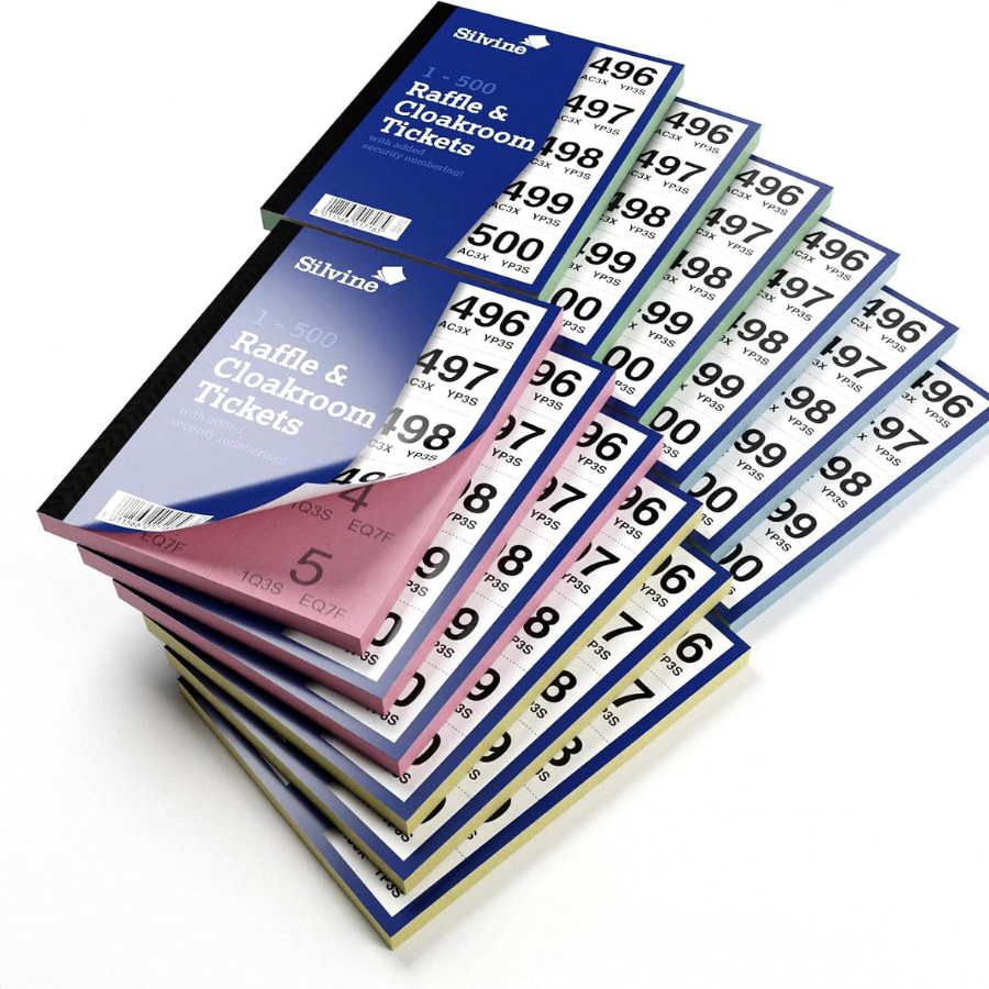 Tiger Feet Cloakroom Tickets 1-500, 12-pack numbered ticket sheets beveled on a white background