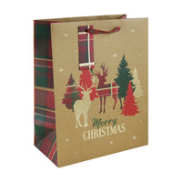 12pk Gift Bag Kraft Stag Tartan Text Large