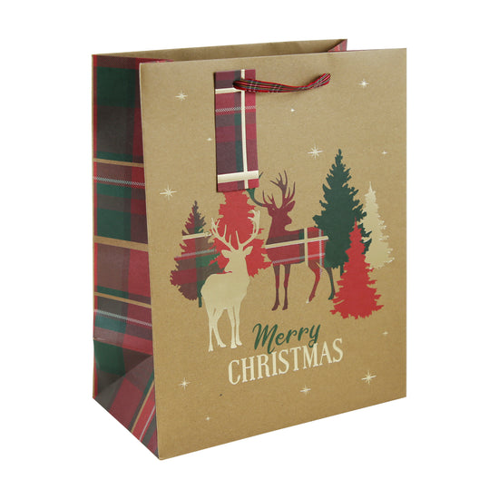 12pk Gift Bag Kraft Stag Tartan Text Large