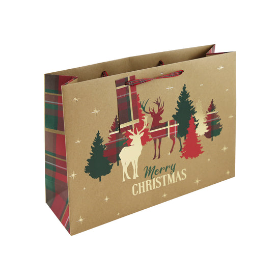 12pk Gift Bag Kraft Stag Tartan Text Shopper