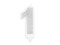 PartyDeco Party Candle Number 1 Glitter Silver 7cm