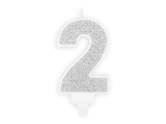 PartyDeco Party Candle Number 2 Glitter Silver 7cm