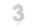 PartyDeco Party Candle Number 3 Glitter Silver 7cm