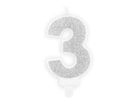 PartyDeco Party Candle Number 3 Glitter Silver 7cm