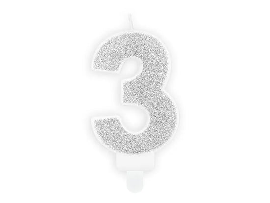 PartyDeco Party Candle Number 3 Glitter Silver 7cm
