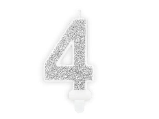 PartyDeco Party Candle Number 4 Glitter Silver 7cm
