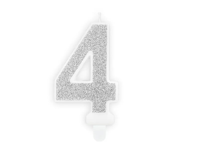 PartyDeco Party Candle Number 4 Glitter Silver 7cm