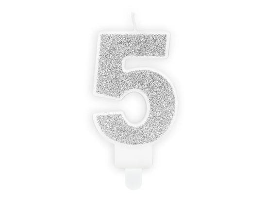 PartyDeco Party Candle Number 5 Glitter Silver 7cm