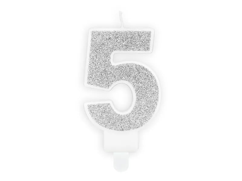 PartyDeco Party Candle Number 5 Glitter Silver 7cm