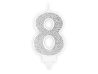 PartyDeco Party Candle Number 8 Glitter Silver 7cm