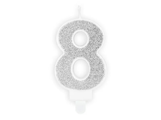 PartyDeco Party Candle Number 8 Glitter Silver 7cm