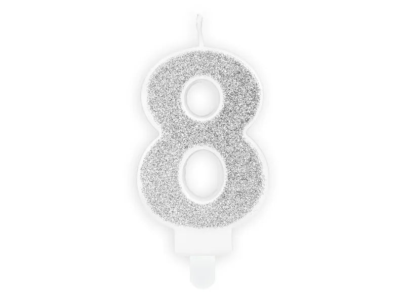 PartyDeco Party Candle Number 8 Glitter Silver 7cm