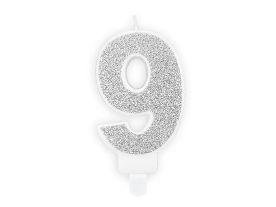 PartyDeco Party Candle Number 9 Glitter Silver 7cm